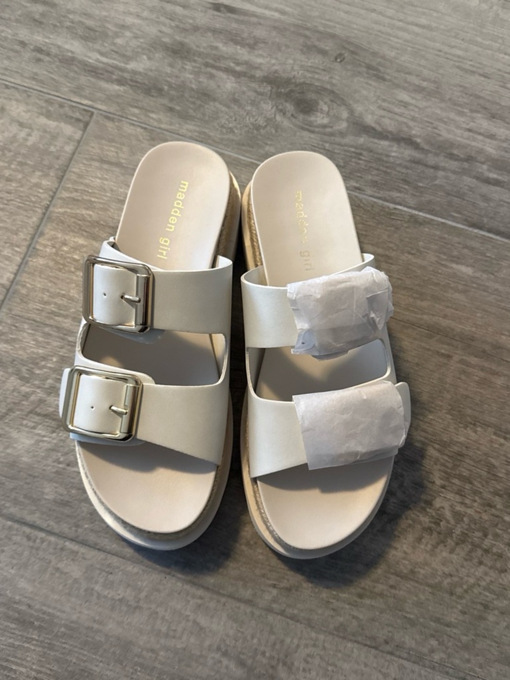 Madden Girl Cream Double-Buckle Slide Sandals